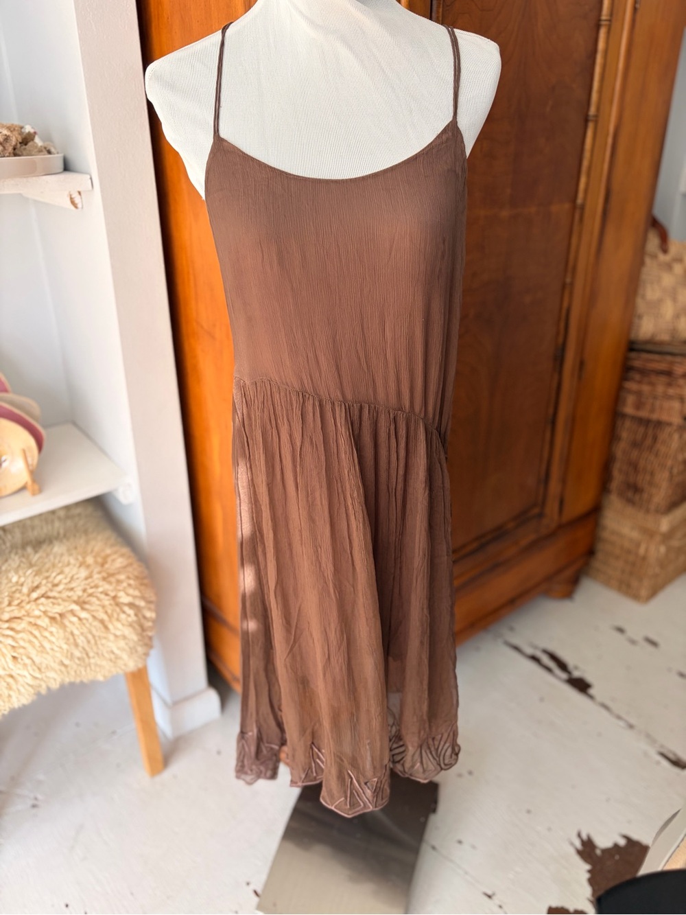 Brown Asymmetrical Spaghetti-Strap Dress